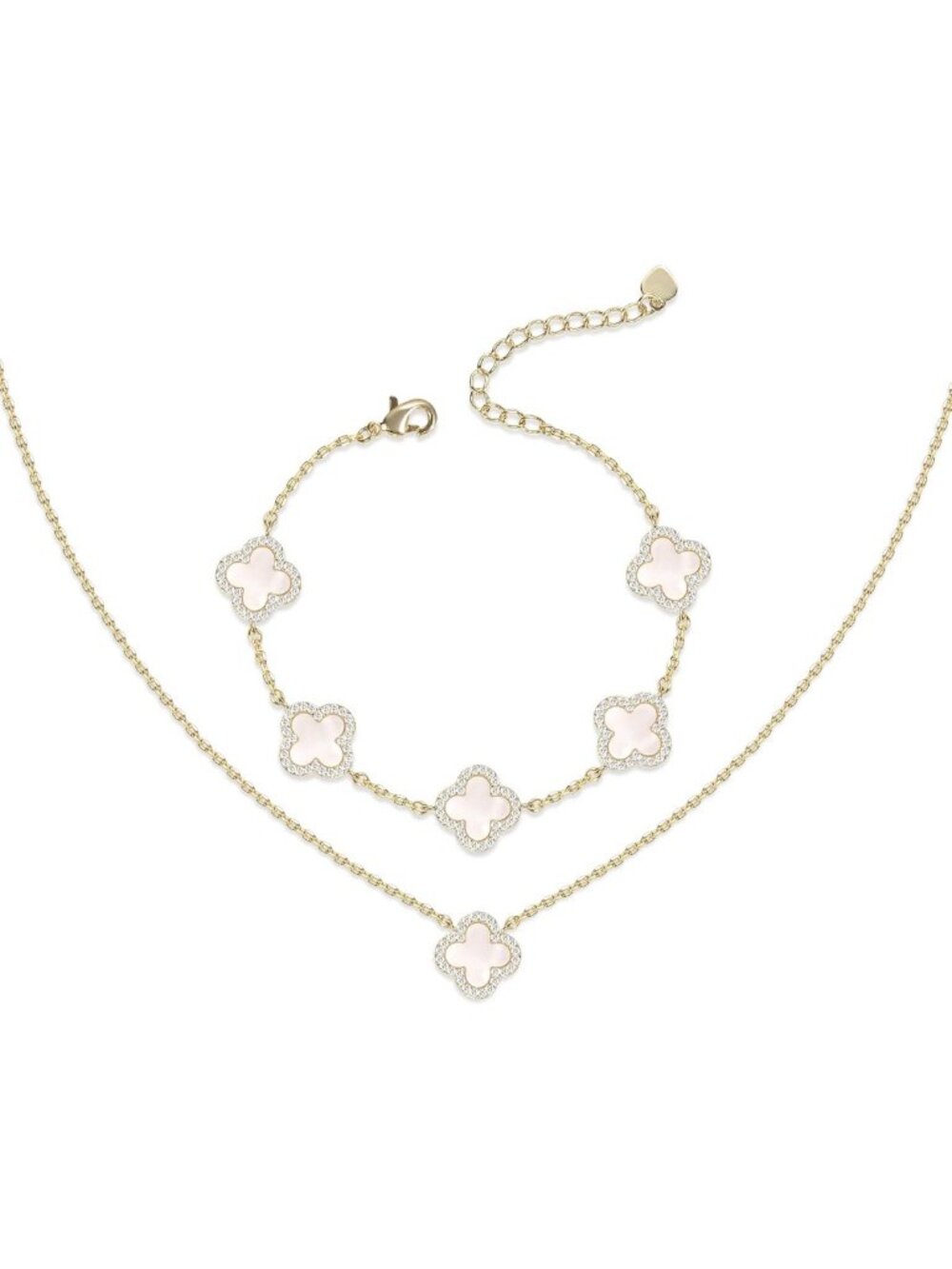 Elegant 14K Gold Plated Four Leaf Clover Necklace & Bracelet Set - Lucky Charm